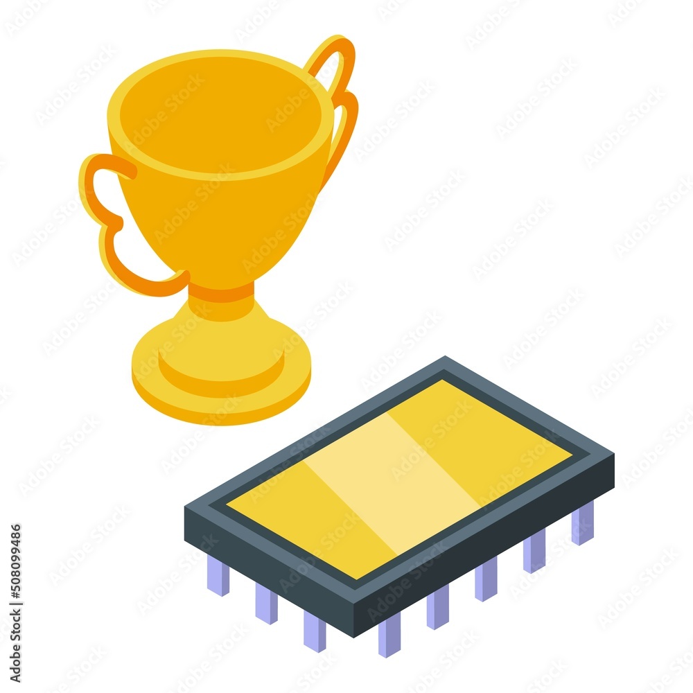 Poster gold cup processor icon isometric vector. laptop code. computer work