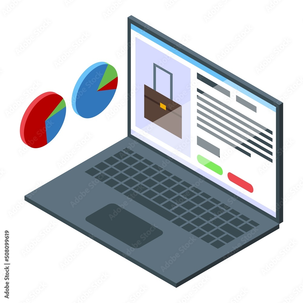 Poster laptop data icon isometric vector. software code. computer work