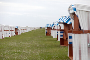 Strandkörbe fast in Reih und Glied aufgestellt