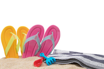 sandals with towel on the beach isolated