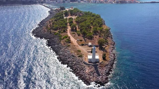 Aerial view of Cranae or Marathonisi island with Tzanetakis medieval tower