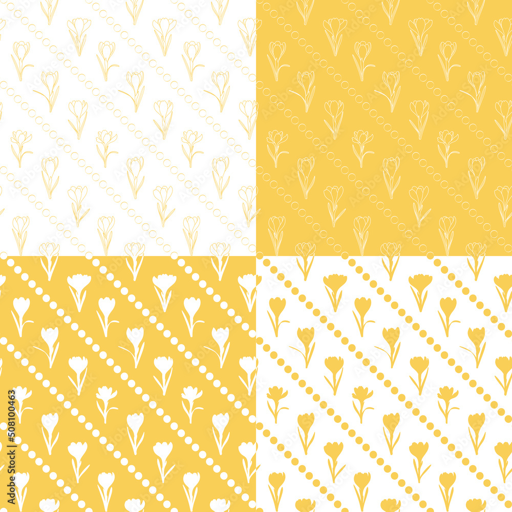 Poster set of seamless patterns with yellow crocus flowers, saffron. vector background.