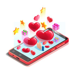 Abstraction, mobile phone with hearts isolated on white, online dating, social networks