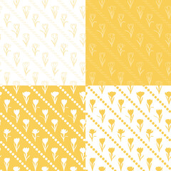 Set of seamless patterns with yellow crocus flowers, saffron. Vector background.