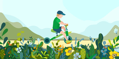 Flat happy boy kid on bicycle on a park road with flowers and leaves. Child riding colorful bike outdoor sport in natural summer landscape by pathway track through green. Vector illustration.
