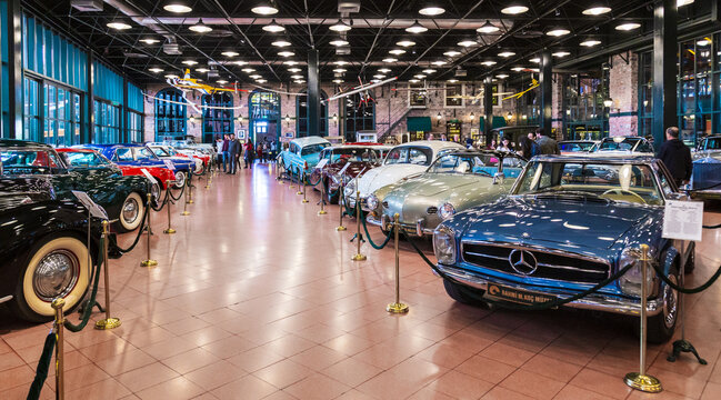 Istanbul, Turkey, 23 March 2019: Classic cars in Rahmi M. Koc Industrial Museum. Koc museum has one of the biggest auto vehicles collection in Turkey. Hall of vintage nostalgic antique autos exhibited