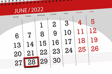 Calendar planner for the month june 2022, deadline day, 28, tuesday