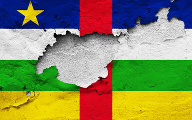 Graphic Concept of a damaged Flag of the Central African Republic painted on a wall.