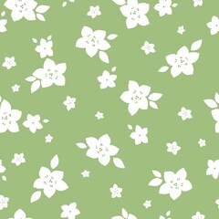 Simple vintage pattern. white flowers and leaves. light green background. Fashionable print for textiles, wallpaper and packaging.