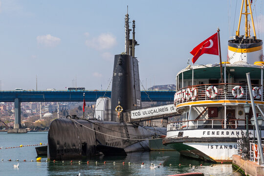 Istanbul, Turkey, 23 March 2019: Submarine TCG Ulucalireis S-338 (former USS Thornback SS-418) In The Rahmi M. Koc Museum. The Rahmi M. Koc Industrial Museum Was Opened On December 13, 1994