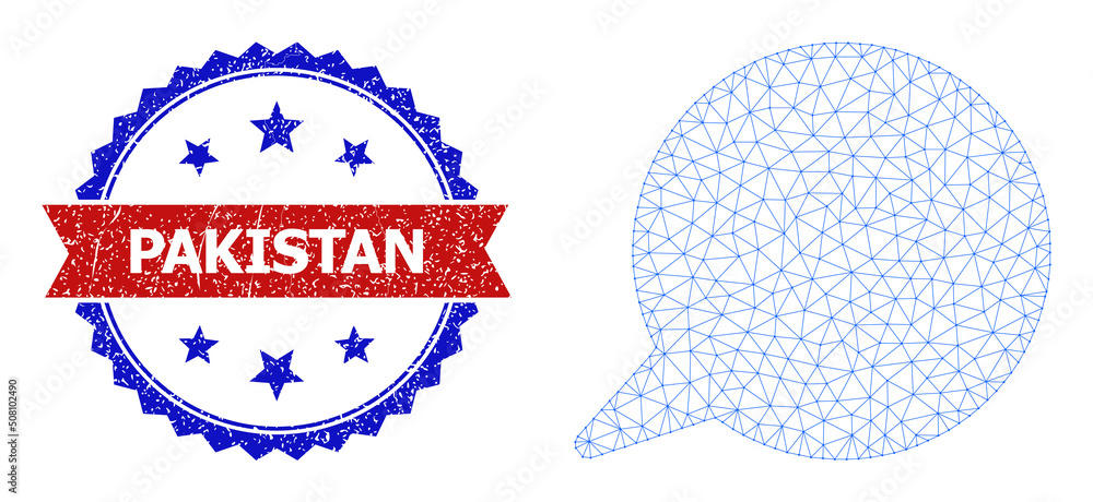 Poster mesh net message polygonal wireframe illustration, and bicolor rubber pakistan seal stamp. red stamp