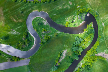 River Bends at Green Wilderness. Top Down Drone View
