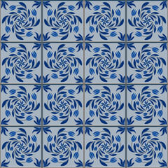 Digital colorful wall tile design with floral pattern. Decorative wall ceramic tiles. Texture for the interior. Seamless tiles background. Blue and white mosaic pattern. 3d visualization
