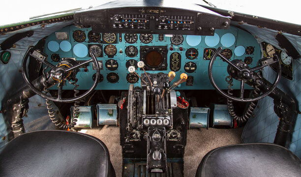 Istanbul, Turkey, 23 March 2019: Cockpit of Douglas DC-3 at Rahmi M. Koc Museum on February 11, 2012 Istanbul, Turkey. Over 16,000 Douglas DC-3 was produced 1936 to 1950