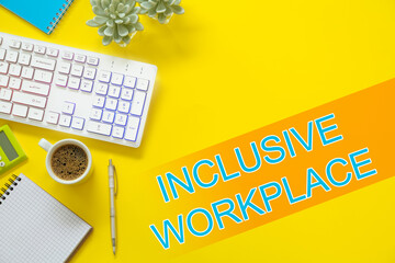Inclusive workplace. Flat lay composition with computer keyboard on yellow background