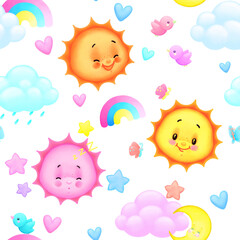 A funny cheerful mood pattern of sky with different cute happy suns, colorful clouds, rainbows, half moons, butterflies, birds and hearts. Digital drawing, illustration.
