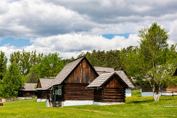 Fototapeta na wymiar Open Air Village Museum in Stara Lubovna Castle, Slovak Republic. Wooden Traditional Houses