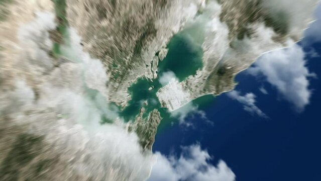 Zooming on San Francisco, US. Earth zoom in from outer space to city. The animation continues by zoom out through clouds and atmosphere into space. View of the Earth at night. Images from NASA. 4K