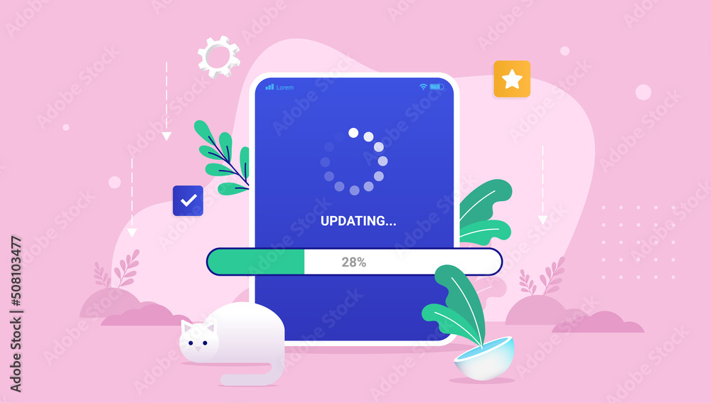 Aufkleber System and software update on tablet - Pad with load bar and loading wheel waiting to get updated. Vector illustration