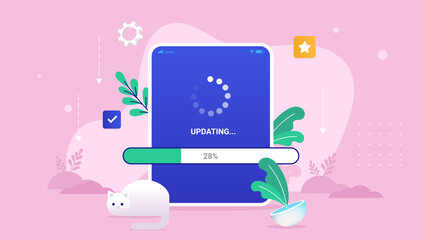 System and software update on tablet - Pad with load bar and loading wheel waiting to get updated. Vector illustration