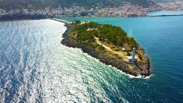 Aerial view of Cranae or Marathonisi island with Tzanetakis medieval tower