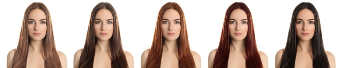 Collage with photos of beautiful young woman with different hair colors on white background. Banner...
