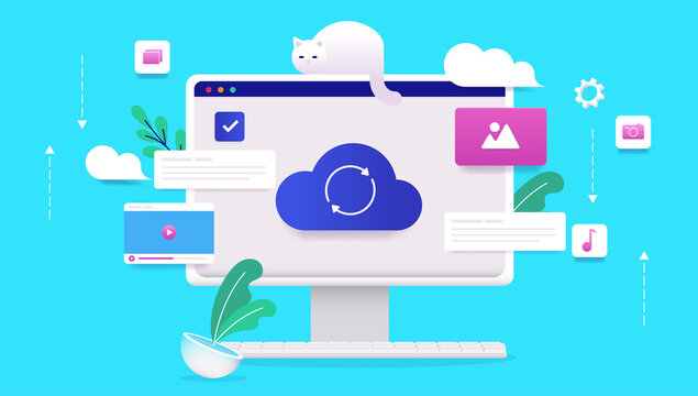 Working in the cloud - Computer using cloud service to store and synch files. Vector illustration with blue background