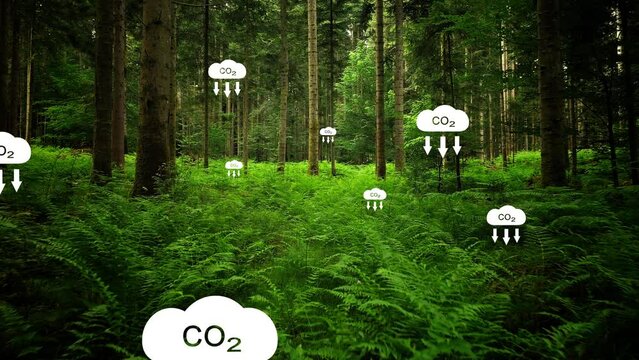 Magic green forest with carbon dioxide icons animation. Concept emission environment problem background.