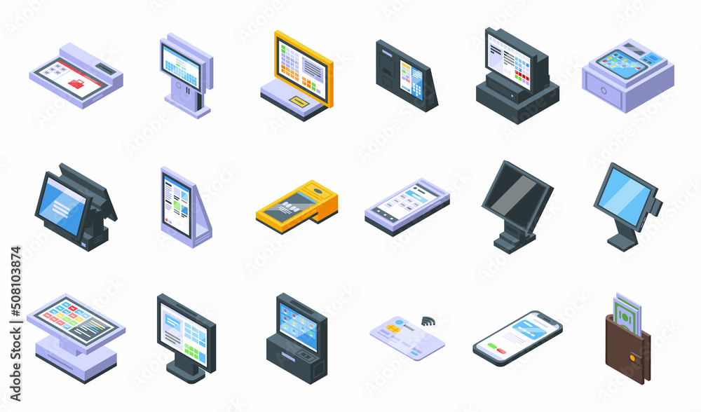 Poster touchscreen cash register icons set isometric vector. self checkout. machine service