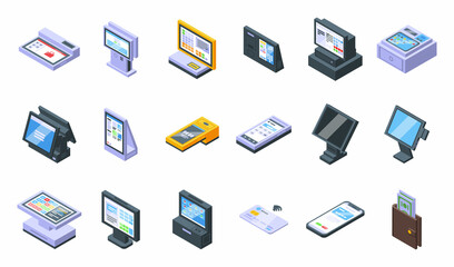 Touchscreen cash register icons set isometric vector. Self checkout. Machine service