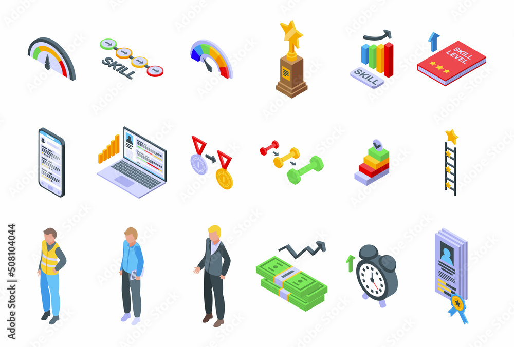 Poster skill level icons set isometric vector. expert success. start game
