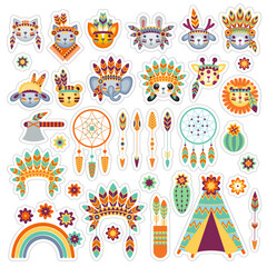 Fototapeta na wymiar Set of vector cartoon icons in the theme of the American Indians on a white bakground. Children's holiday, kids' party, stickers, games, baby shower.