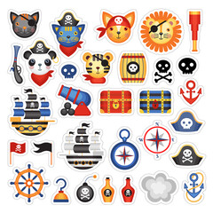 Set of vector cartoon stickers on a pirate theme. Children's holiday, kids' party, stickers, games, baby shower.