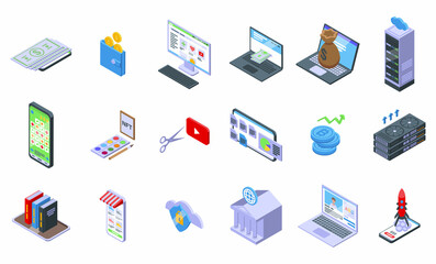 Making money online icons set isometric vector. Finance loan. Mobile management