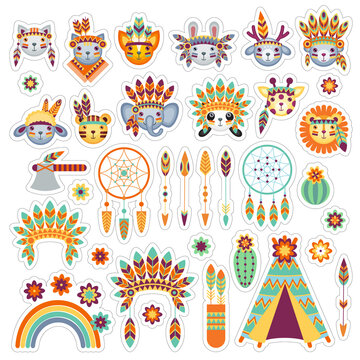 Set of vector cartoon icons in the theme of the American Indians on a white bakground. Children's holiday, kids' party, stickers, games, baby shower.