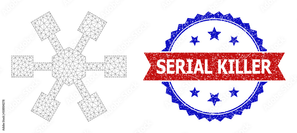 Poster net mesh node links polygonal model illustration, and bicolor scratched serial killer seal stamp. re