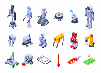 Robotics icons set isometric vector. Tech smart. Bot future