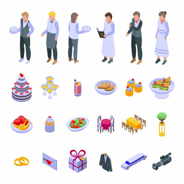 Wedding service icons set isometric vector. Party catering. Service banquet