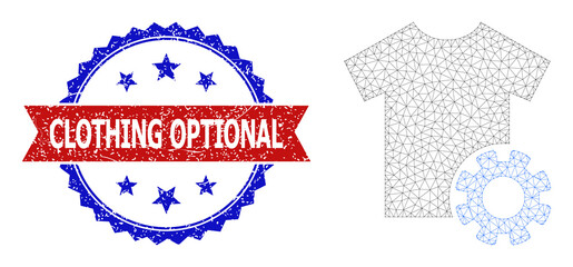 Net mesh dress options polygonal carcass icon, and bicolor grunge Clothing Optional seal stamp. Red stamp contains Clothing Optional caption inside ribbon and blue rosette.