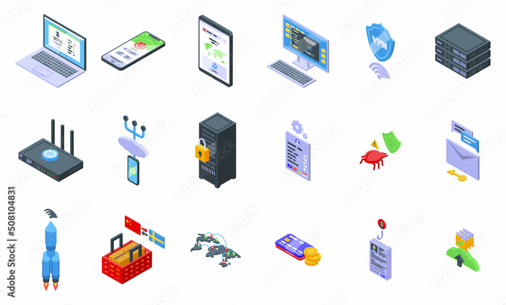 Poster vpn icons set isometric vector. protect shield. network hacker