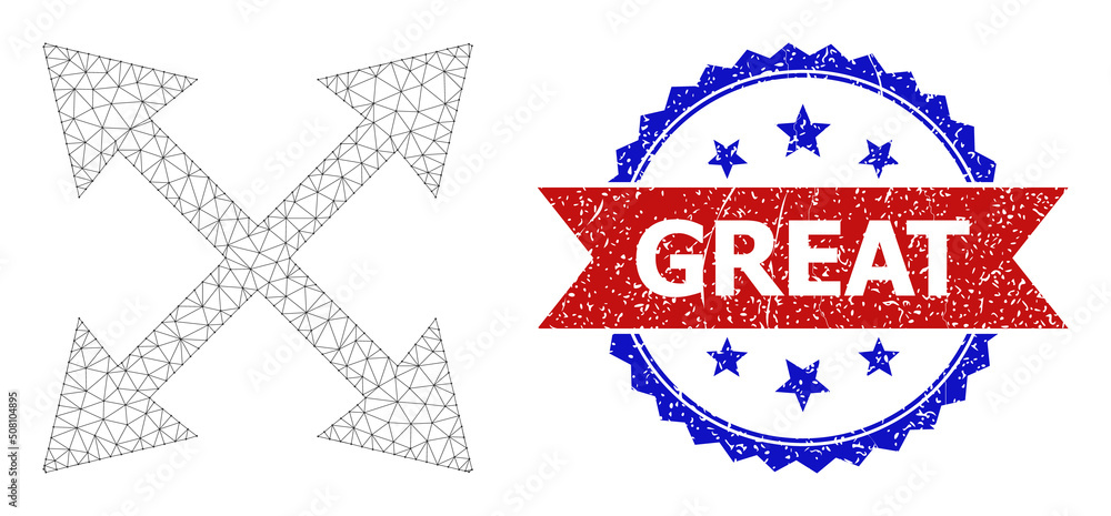 Poster net mesh maximize arrows polygonal model icon, and bicolor grunge great watermark. red badge has gre