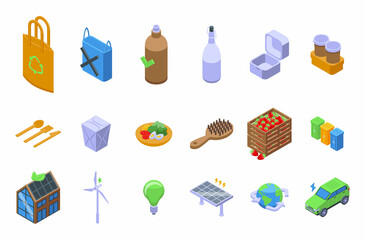 Environmentally friendly consumption icons set isometric vector. Bio consumption. Green energy