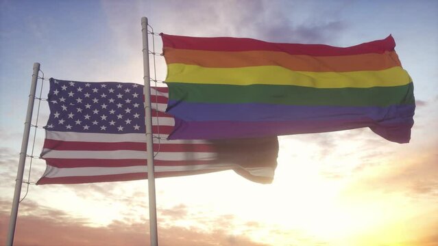 Waving national flag of USA and LGBT rainbow flag background