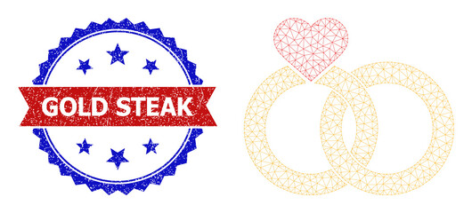 Network wedding rings polygonal carcass illustration, and bicolor rubber Gold Steak seal stamp. Red stamp seal has Gold Steak text inside ribbon and blue rosette.