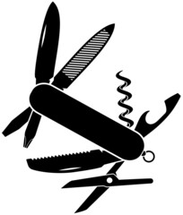 Black and white, flat vector illustration of a pocketknife with its tools extended.