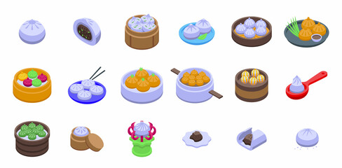 Naklejka premium Baozi icons set isometric vector. Asia appetizer. China bun