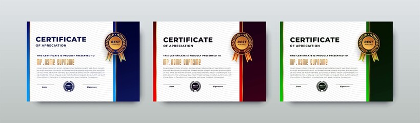 Set of 3 beautiful color gradients certificate of achievement template, Vector combination for certificate in flat style, Diploma certificate template.