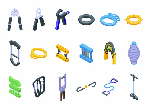 Espander icons set isometric vector. Band activity. Athletic arm