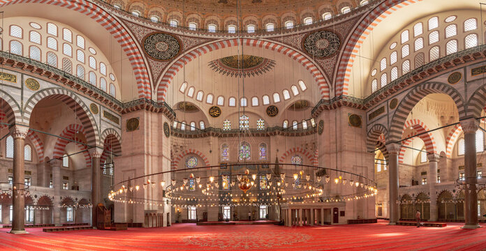 Istanbul, Turkey, 25 March 2019: Suleymaniye Mosque interior view in Istanbul, Turkey. Suleymaniye Mosque is a mosque built by Mimar Sinan in 1551-1557 on behalf of Suleiman the Magnificent