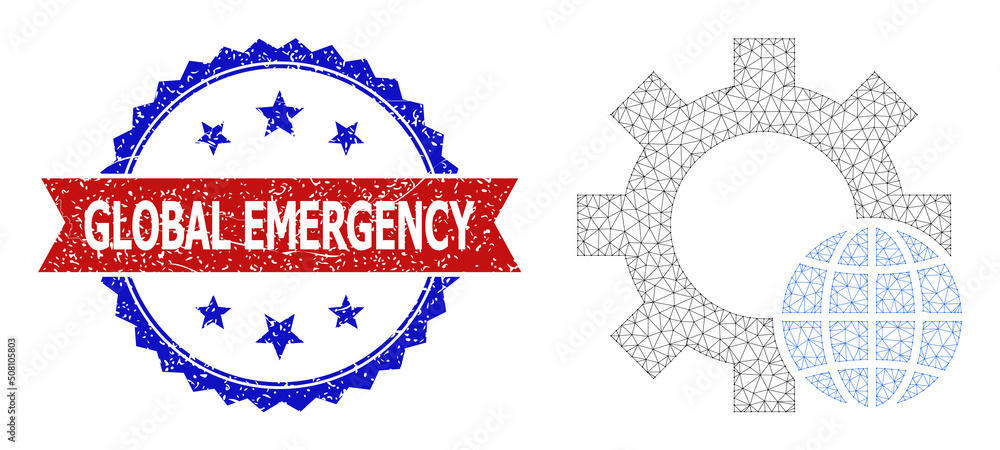 Poster network world settings polygonal frame icon, and bicolor textured global emergency seal. red badge c